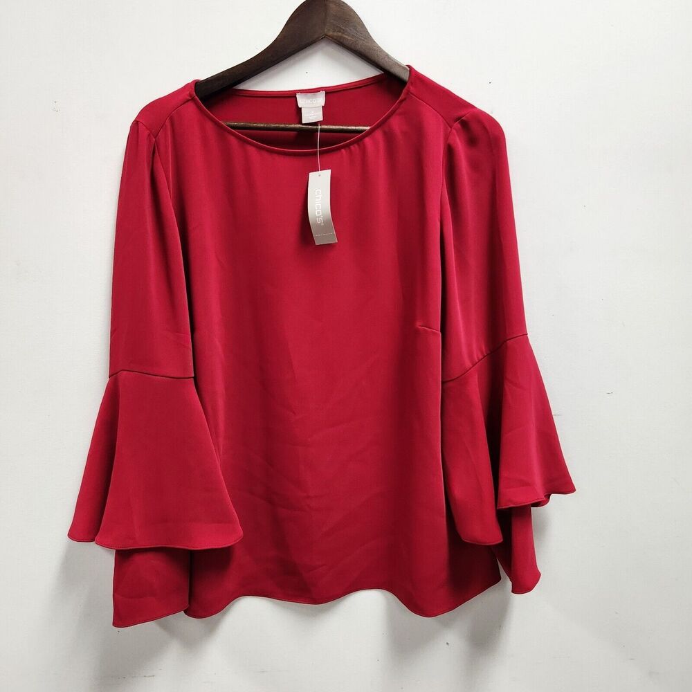 Chicos Womens Bell Sleeve Blouse Size M Scoop Neck Red Ruffle Career NWT